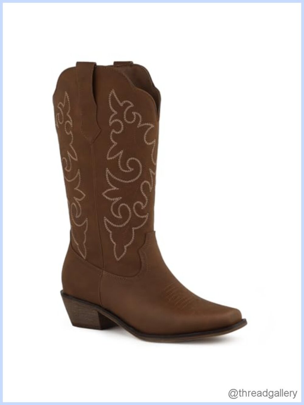 Square Toe Mid-Calf Cowboy Boots Faux Leather Block Heel